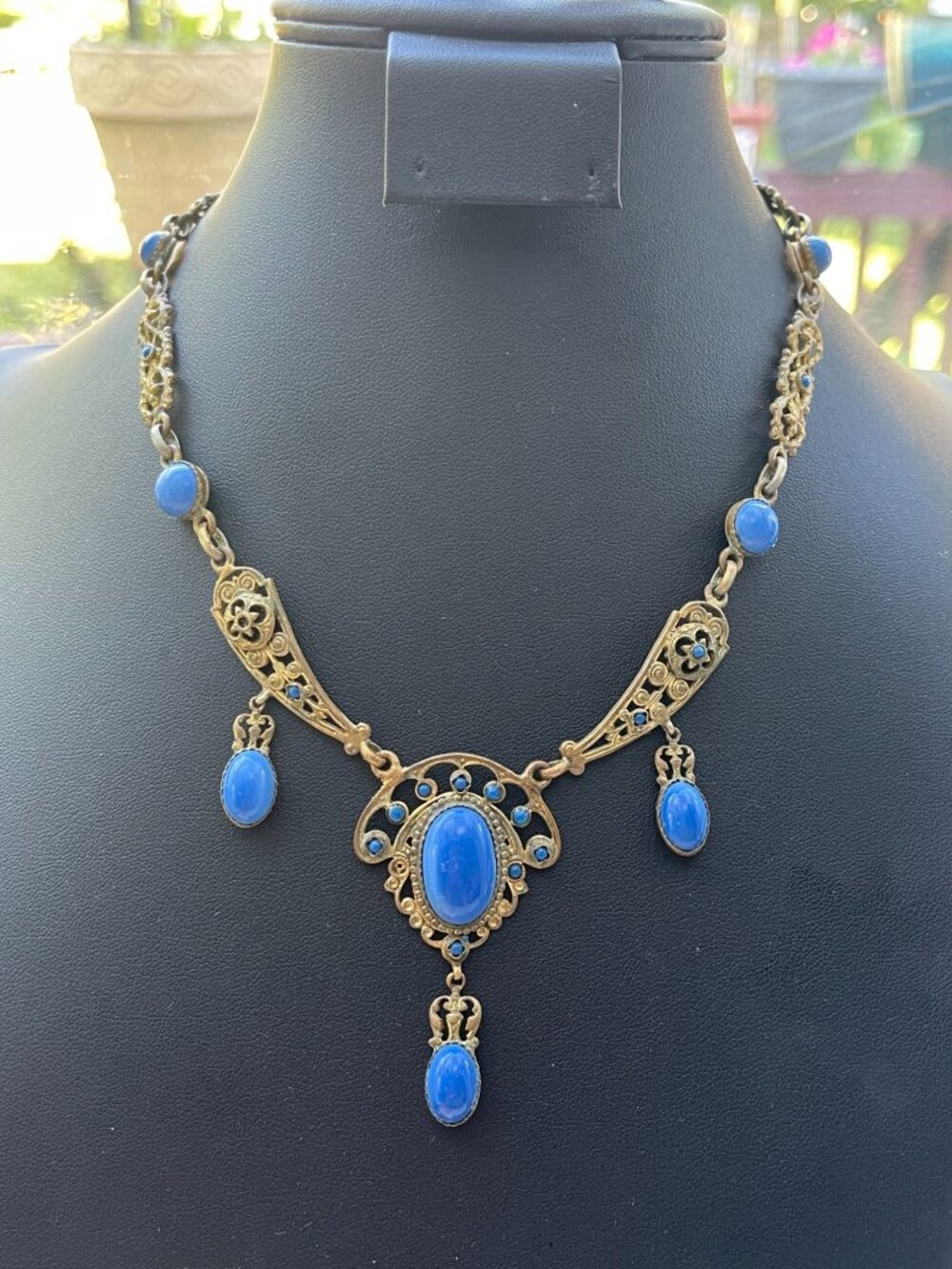 Vtg Art Nouveau Blue Glass Stone Gold Tone Necklace Signed Made in France - Picture 9 of 16
